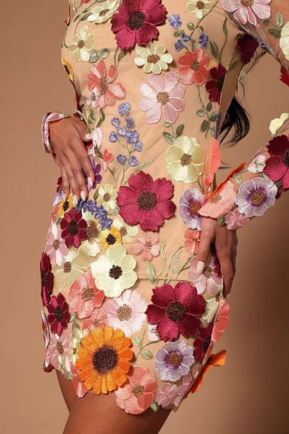 Mock Neck Long Sleeve 3D Floral Applique Mesh Overlay Bodycon Mini Dress