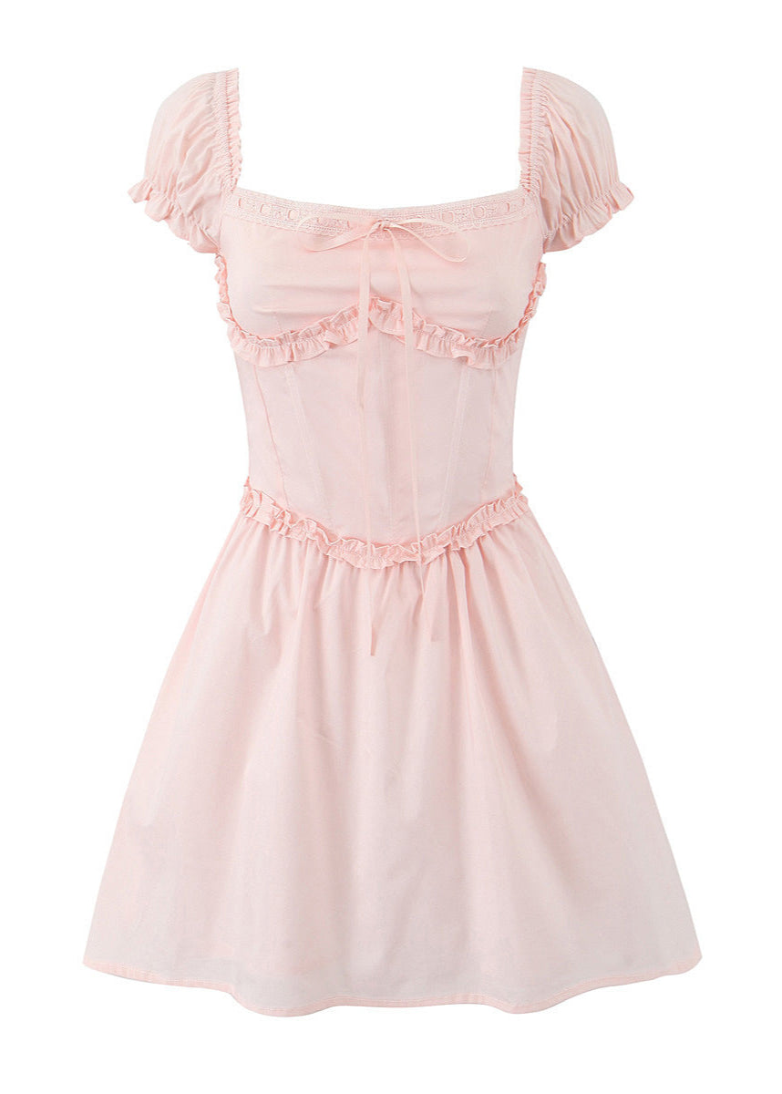 Off Shoulder Puff Sleeve Corset Boned Bodice Ruffle Trim Fit and Flare Mini Dress