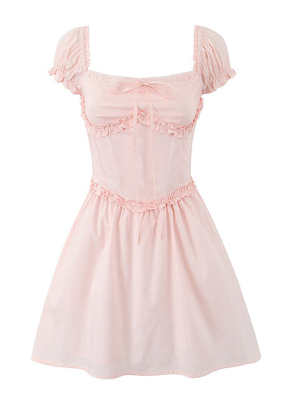 Off Shoulder Puff Sleeve Corset Boned Bodice Ruffle Trim Fit and Flare Mini Dress