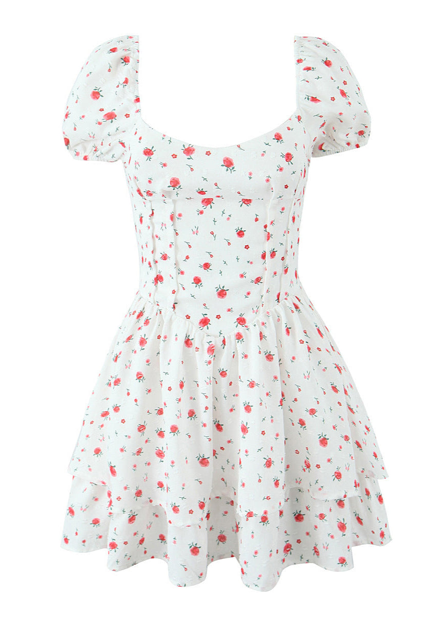 Sweetheart Corset Basque Waist Puff Sleeve Ditsy Floral Tiered Mini Dress