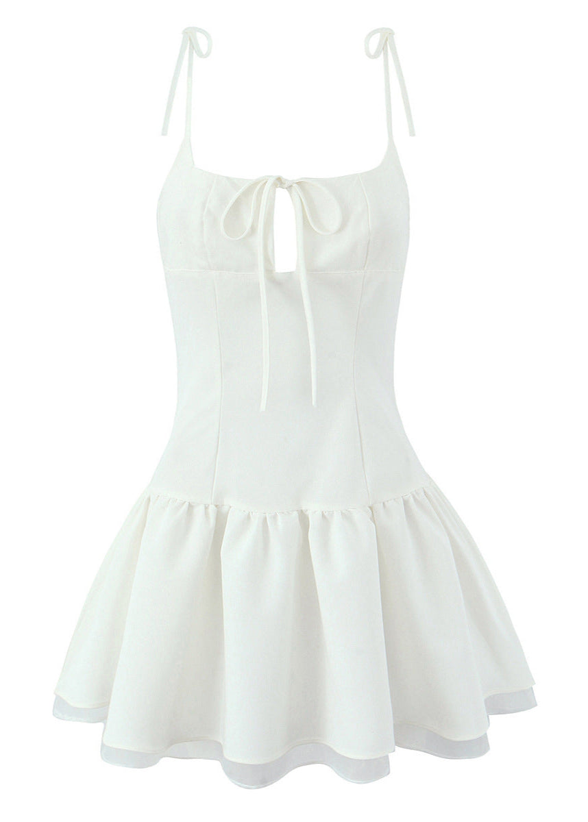 Square Neck Tie Shoulder Keyhole Ruffle Tiered Hem Mini Dress