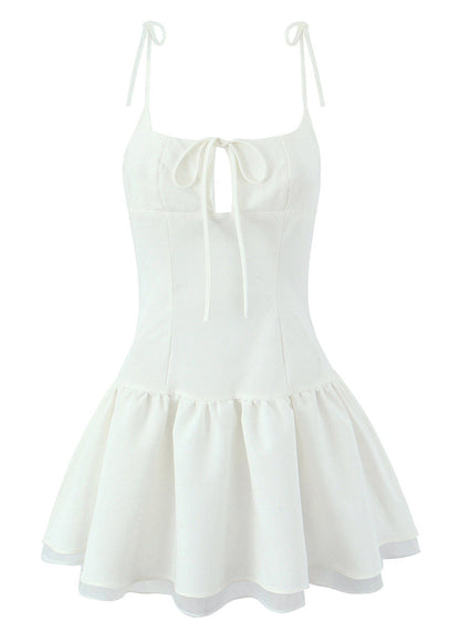 Square Neck Tie Shoulder Keyhole Ruffle Tiered Hem Mini Dress