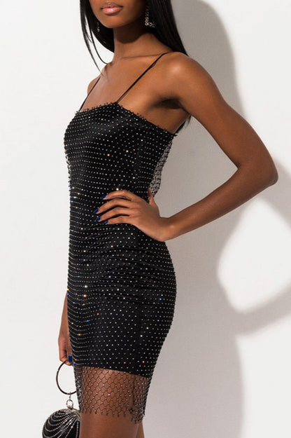Spaghetti Strap Rhinestone Mesh Overlay Layered Hem Mini Dress