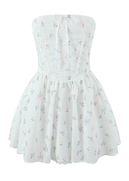 Strapless Corset Lace Trim Ditsy Floral Fit and Flare Mini Dress