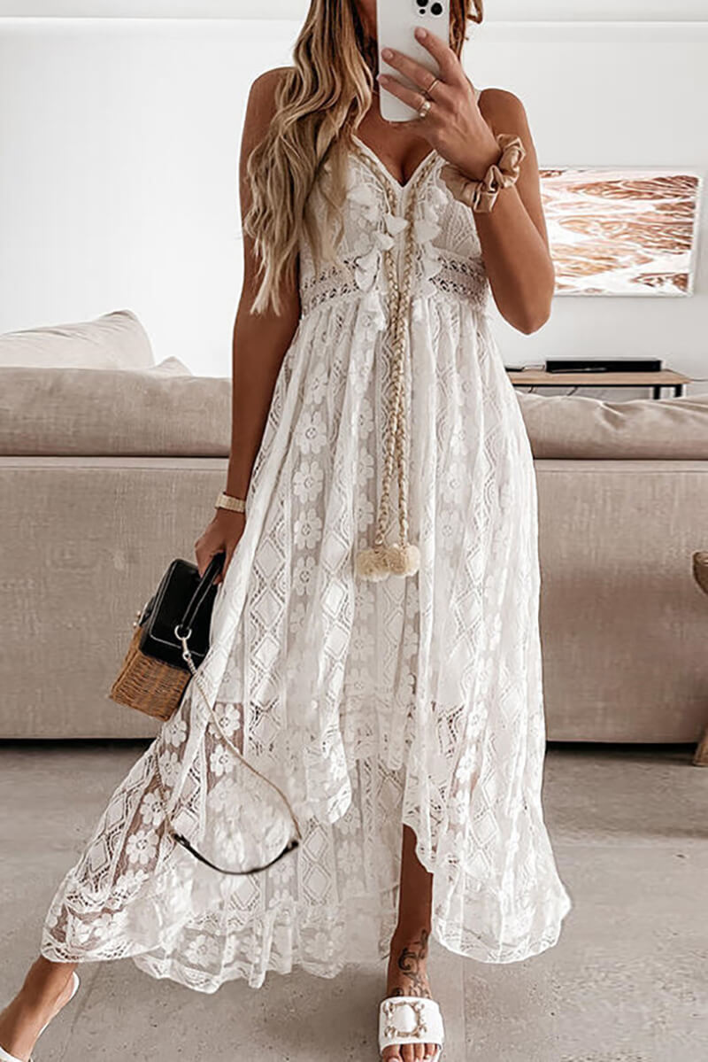 Floral Lace V-Neck Ruffle Trim Pom-Pom Tie Tiered Ruffled Hem Midi Dress