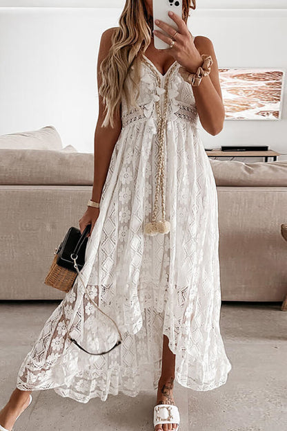 Floral Lace V-Neck Ruffle Trim Pom-Pom Tie Tiered Ruffled Hem Midi Dress