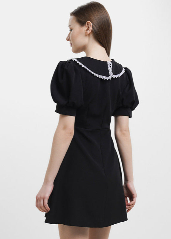 Peter Pan Collar Lace Trim Pearl Button Puff Sleeve Mini Dress