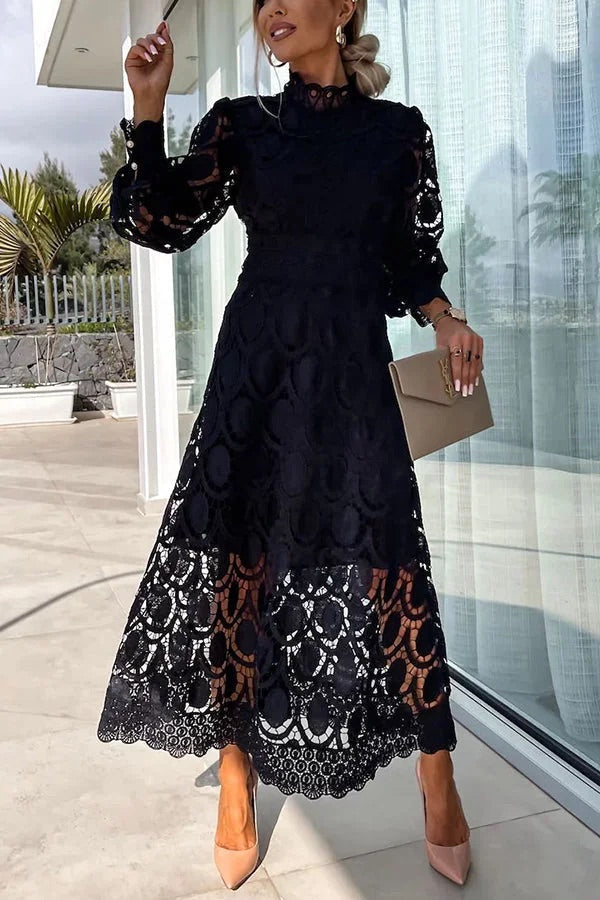 Guipure Lace Mock Neck Lantern Sleeve Scalloped Hem Hollow Out Midi Dress