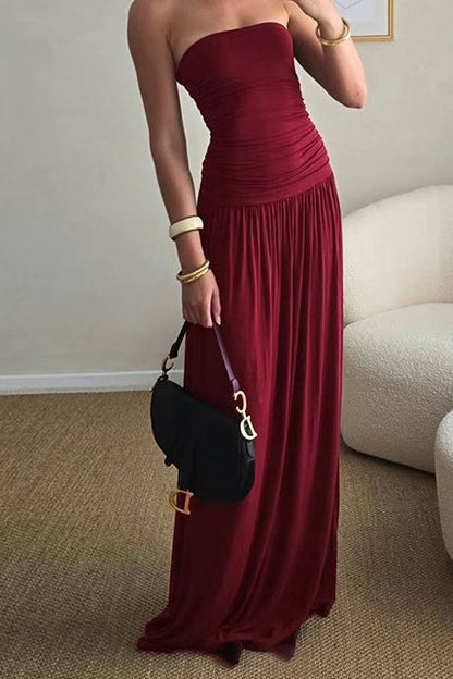 Strapless Ruched Bodice Dropped Waist Flowy Maxi Dress