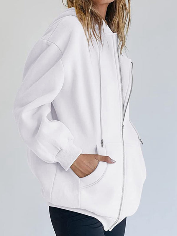 Solid Drawstring Zip Up Oversized Hoodie