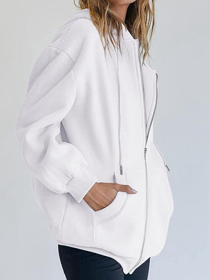 Solid Drawstring Zip Up Oversized Hoodie
