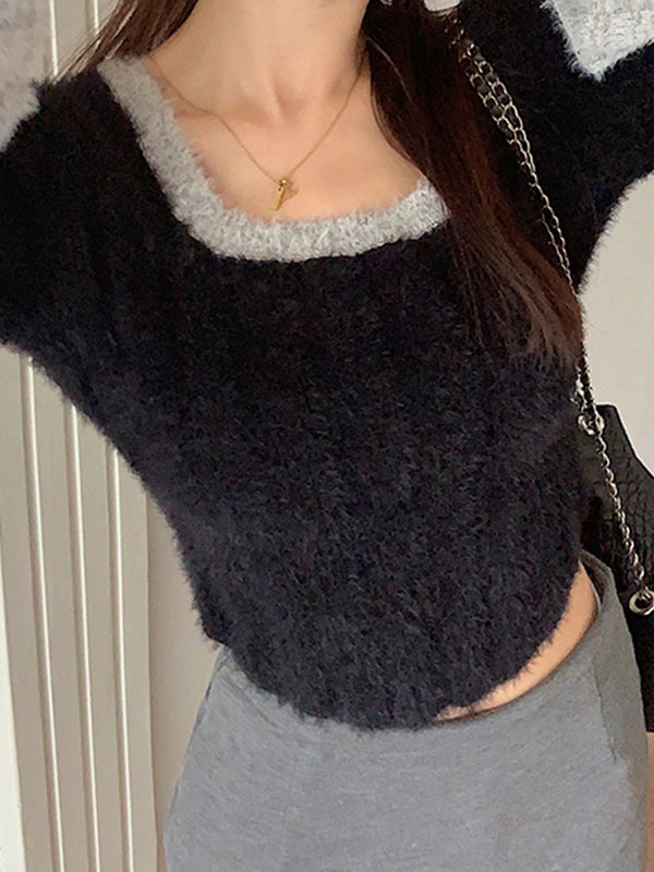 Contrast Color Splice Trumpet Sleeve Slim Sweater