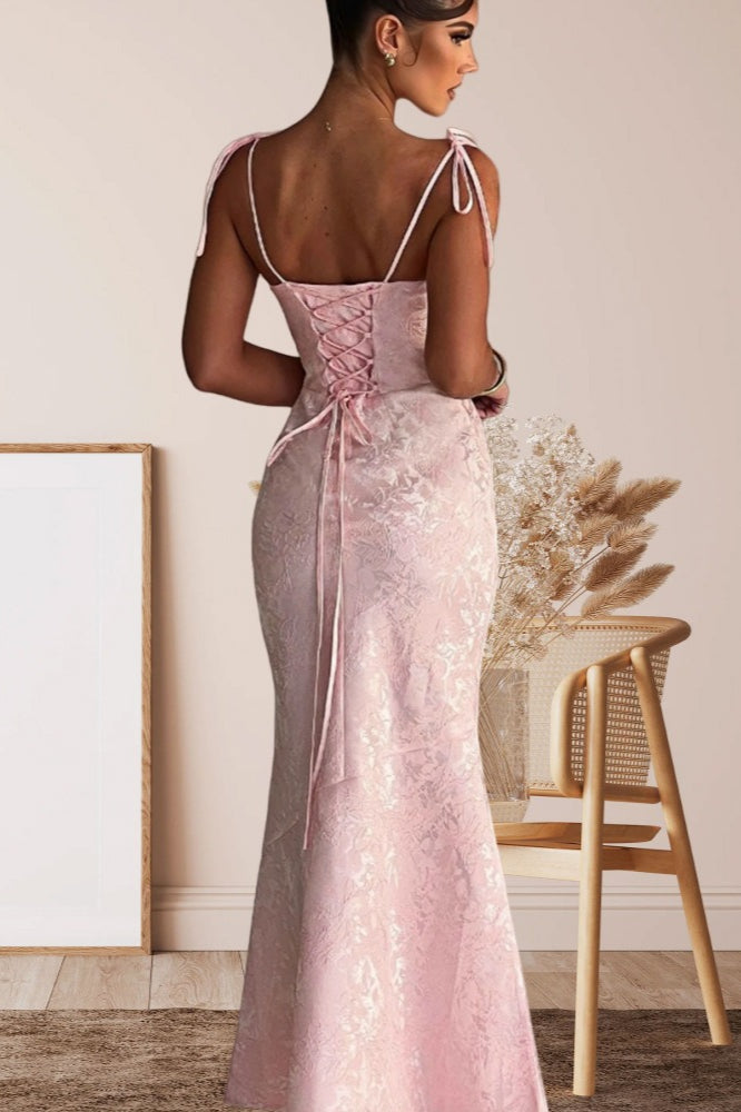 Tie-Shoulder Jacquard Floral Mermaid Maxi Formal Gown