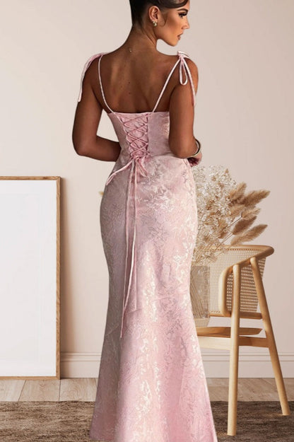 Tie-Shoulder Jacquard Floral Mermaid Maxi Formal Gown