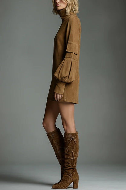 Stylish Suede High-Neck Long-Sleeved Casual Pocket Mini Dress