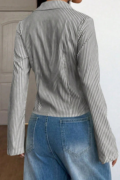 V Neck Striped Long Sleeve Blouse