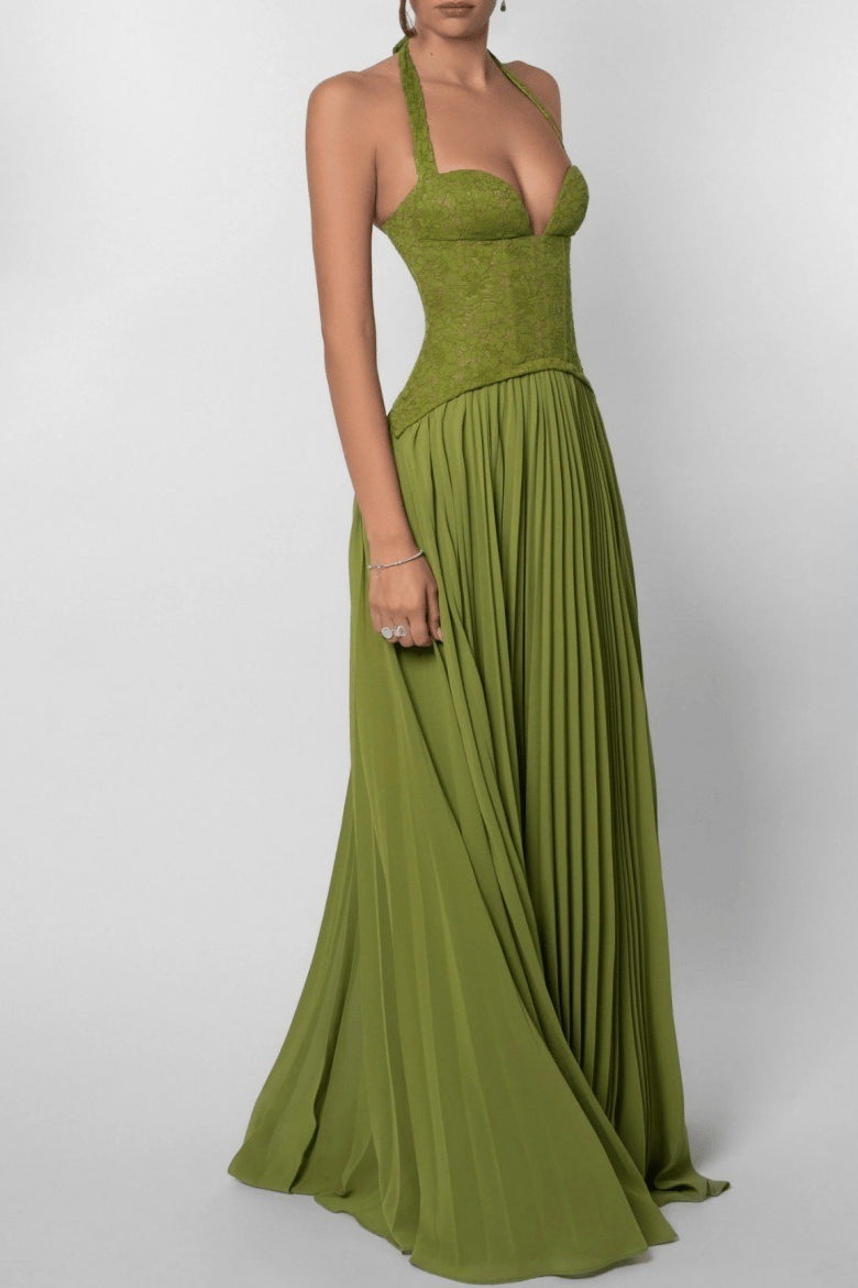 Lace Halter Plunging Sweetheart Accordion Pleat Chiffon Maxi Gown