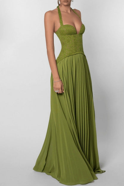 Lace Halter Plunging Sweetheart Accordion Pleat Chiffon Maxi Gown
