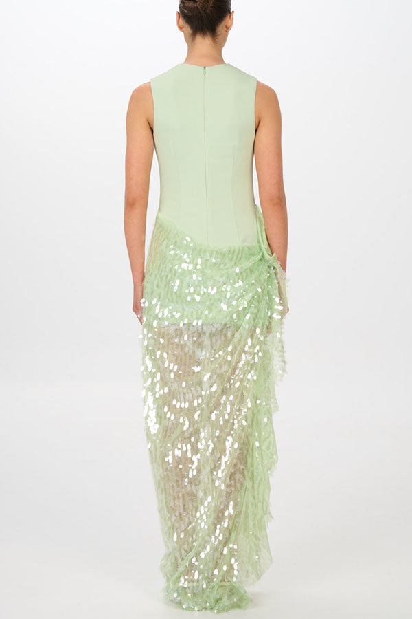 Unspoken Glamour Crepe and Fish Scale Sequins Ruffle Ruched Drape Maxi Dress