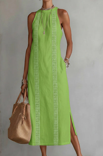 Solid Color Round Neck Sleeveless Casual Pockets Midi Dress