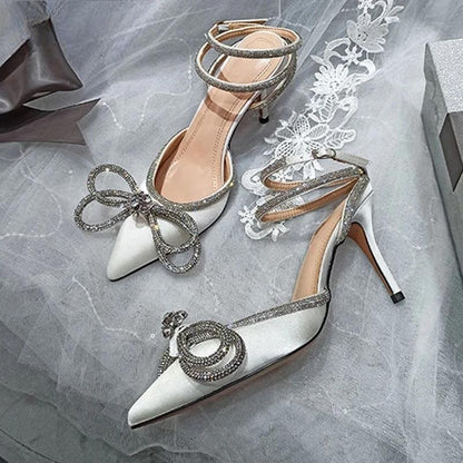 Glitter Rhinestones Silk Women Pumps with Crystal Bowknot - Spring Autumn Lady High Heels