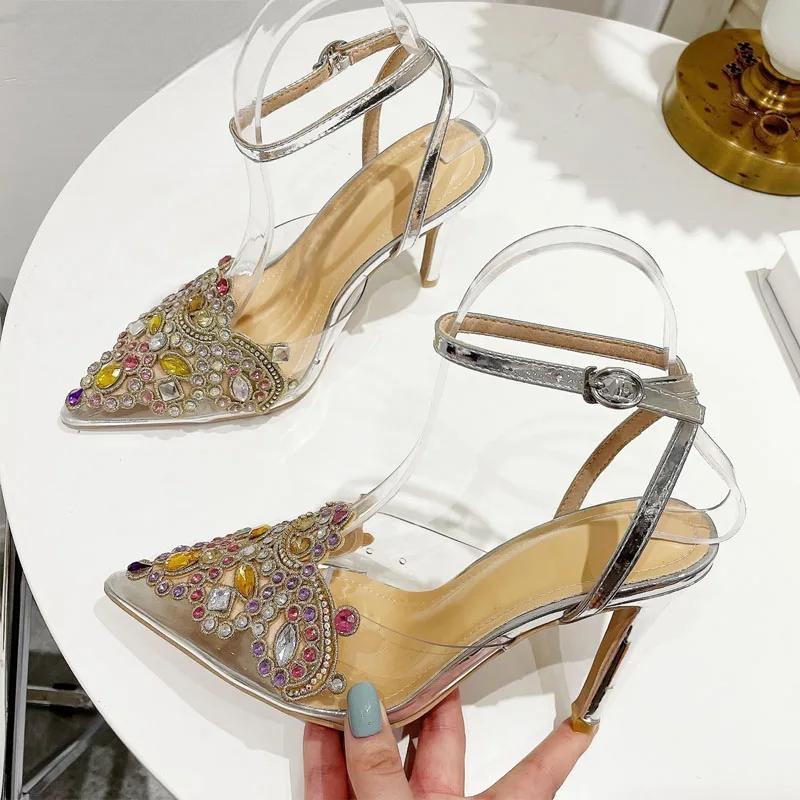 Transparent PVC Women Pumps with Sexy String Bead Crystal High Heels