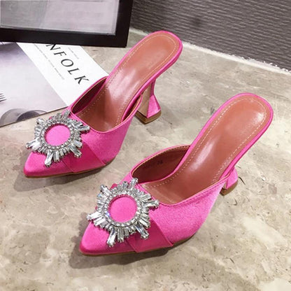 Red Silk Satin Pointed Toe Pumps with Rhinestone Crystal Wedding Slip On Strange Style Heel