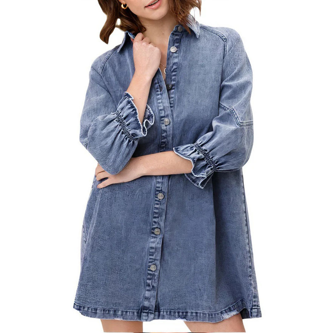 Denim Button-Down Ruffle Cuff Raw Hem Shirt Mini Dress