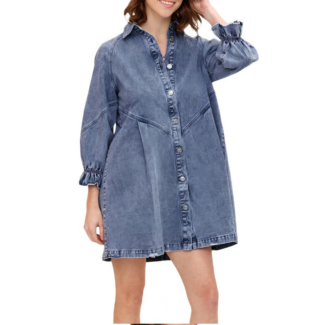 Denim Button-Down Ruffle Cuff Raw Hem Shirt Mini Dress