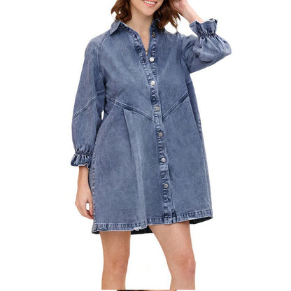 Denim Button-Down Ruffle Cuff Raw Hem Shirt Mini Dress