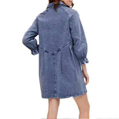 Denim Button-Down Ruffle Cuff Raw Hem Shirt Mini Dress