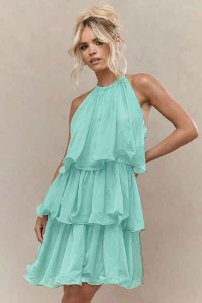 Halter Neck Tiered Ruffle Sleeveless Mini Dress