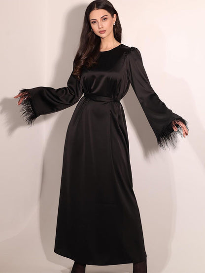 Satin Long Dress Feather Sleeves Belted Classic Party Maxi Dresses