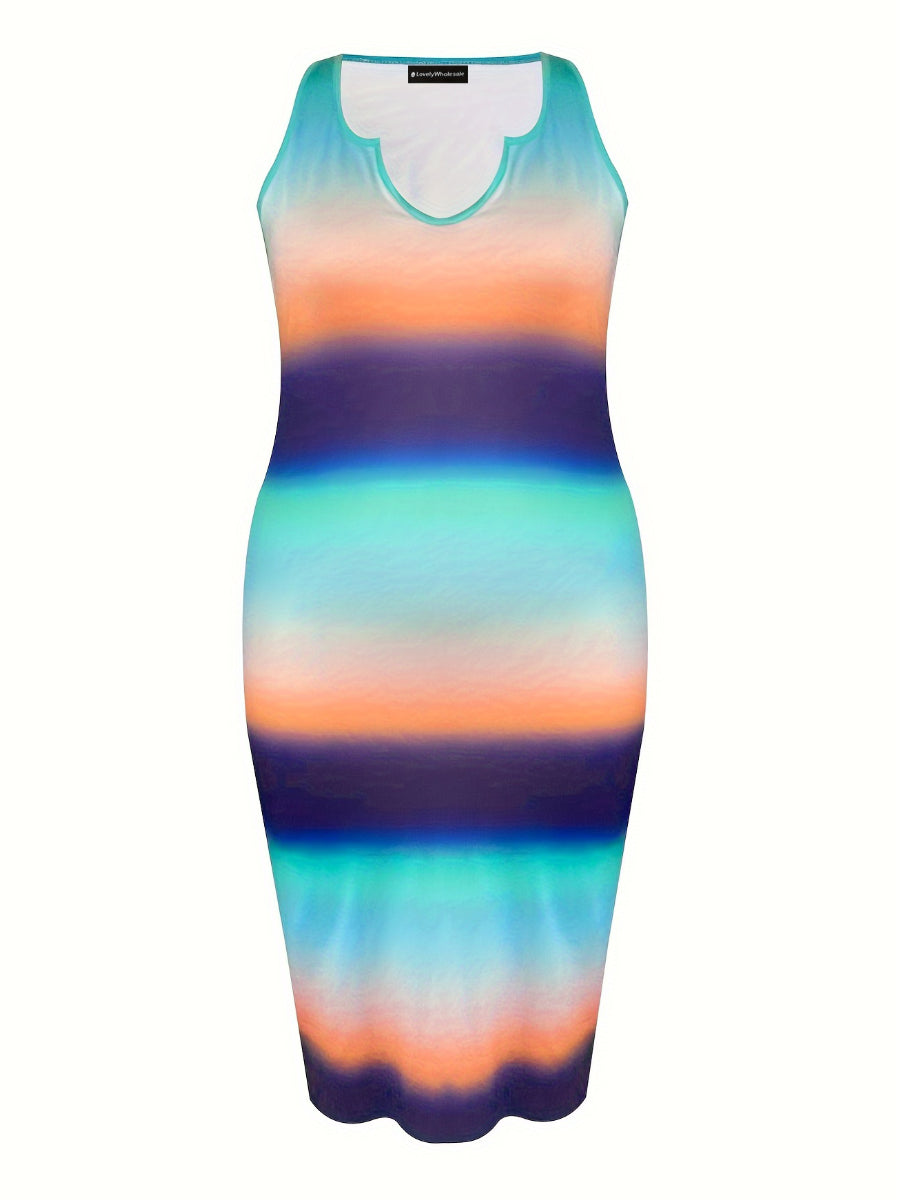 4XL 5XL Plus Size Striped Gradient Bodycon Cami Dress Notch Neck Sleeveless Printing Midi Dress For Women