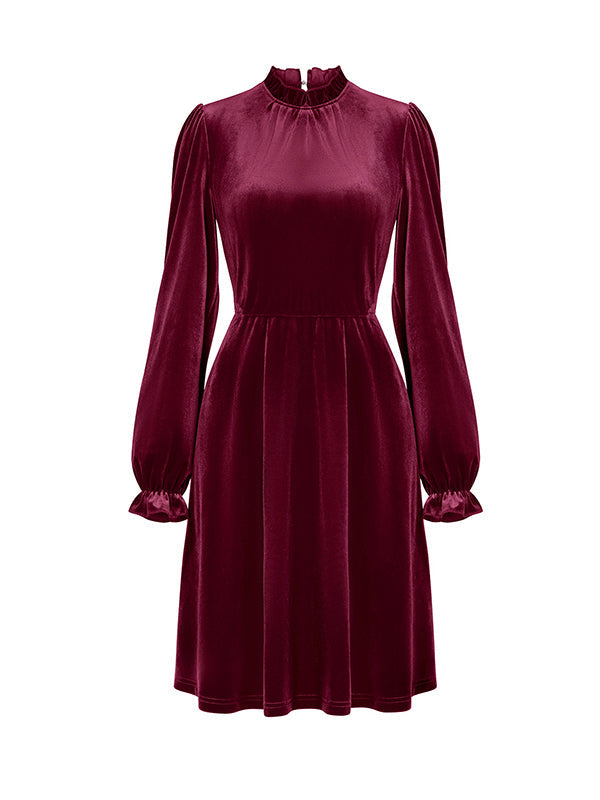 A-Line High Waisted Hollow Ruffled Solid Color Velvet Mock Neck Mini Dresses