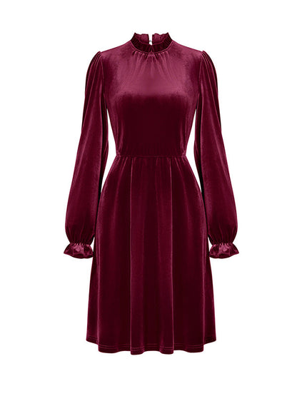A-Line High Waisted Hollow Ruffled Solid Color Velvet Mock Neck Mini Dresses