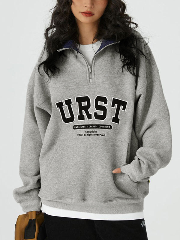 Letter Embroidery Lapel Neck Half Zipper Sweatshirt