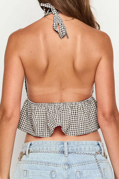Deep V Halter Backless Checkered Crop Top