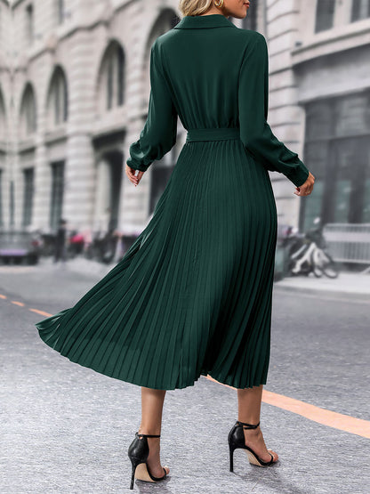 Midi Dresses Dark Green V-Neck Long Sleeves Fall Dresses For Women