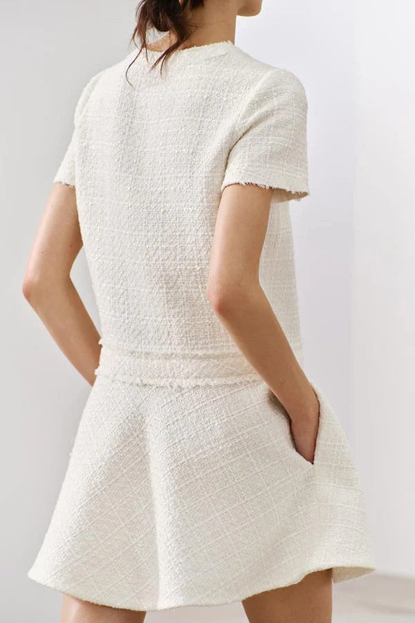 Metal Button Short Sleeve Round Neck Tweed Fit-and-Flare Mini Dress