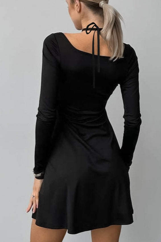 Criss Cross Halter Cutout Long Sleeve Skater Mini Dress