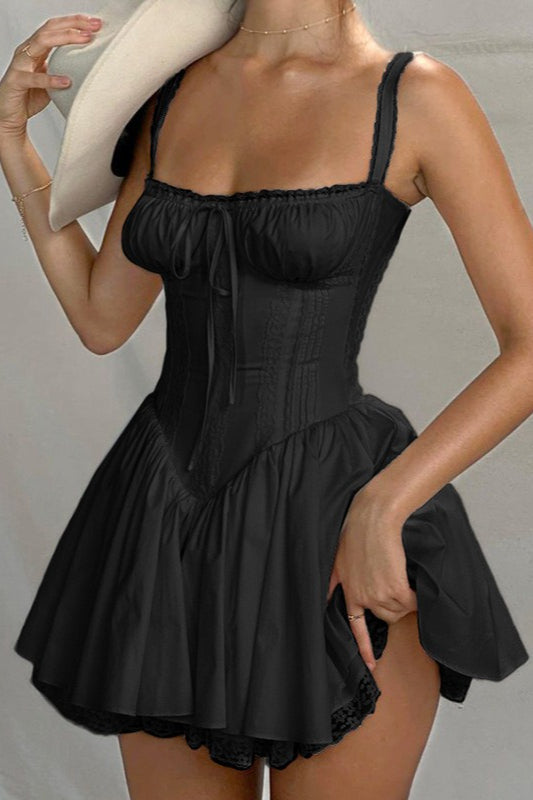 Off Shoulder Lace Trim Corset Bodice Lace Hem A-Line Mini Dress
