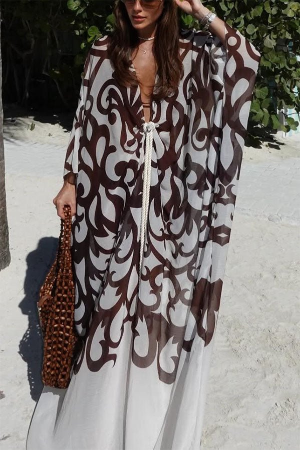 Summer Day Unique Print Rope Knotted Batwing Sleeve Oversized Cover-up Dress