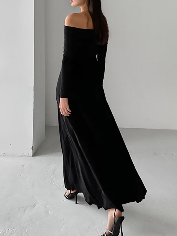 High Waisted Long Sleeves Solid Color Off-The-Shoulder Maxi Dresses