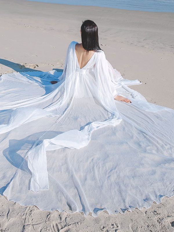 White Maxi Dress Long Sleeves Crepe Chiffon Beach Wedding Dress