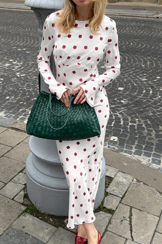 Ditsy Floral Print Crew Neck Long Sleeve Flared Cuff Bias Cut Maxi Dress