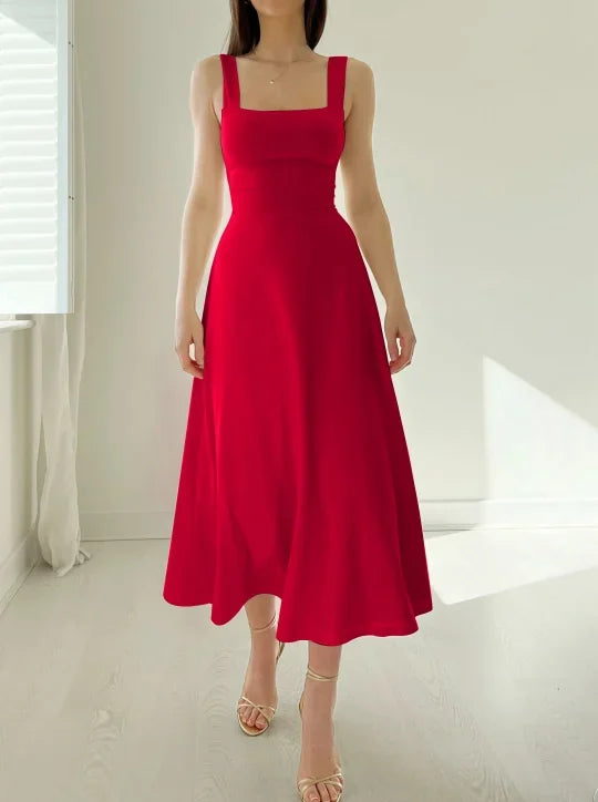 Square Neck Wide Strap Sleeveless Fit and Flare Midi Dress