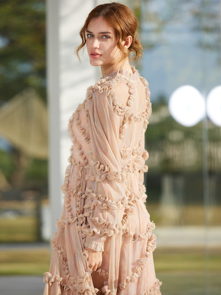 Ruffles Dress Illusion Long Sleeves High Collar Tulle Party Maxi Dresses