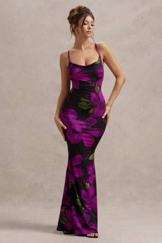Floral Print Open Back Crisscross Strap Mermaid Maxi Gown