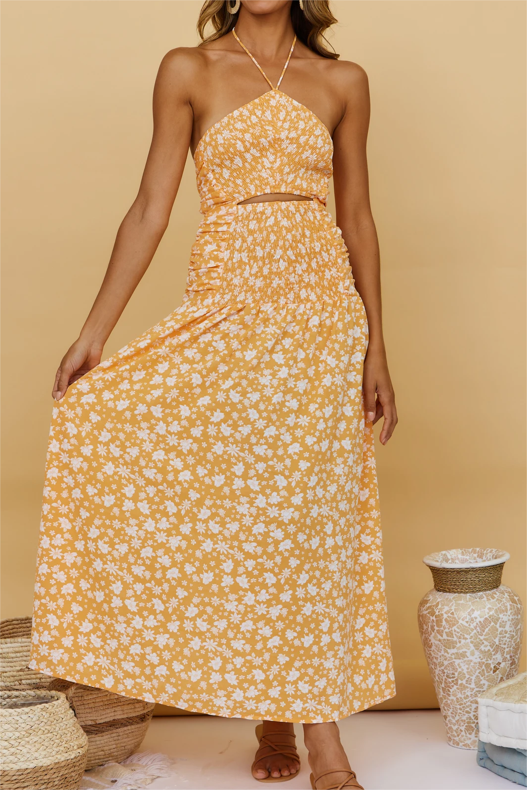 Spring Floral Halter Elastic Sleeveless Mini Dress